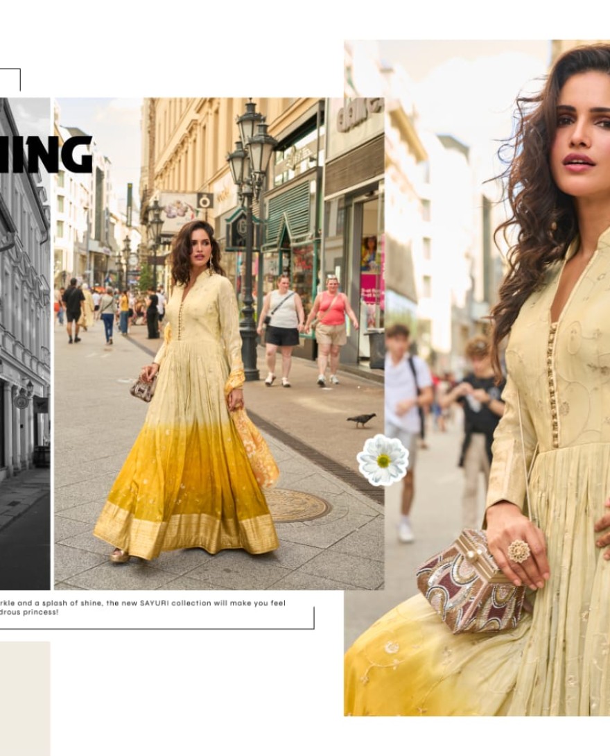 YELLOW - Designer Yellow Ombre Embroidered Indo Western Simar Silk Anarkali Gown